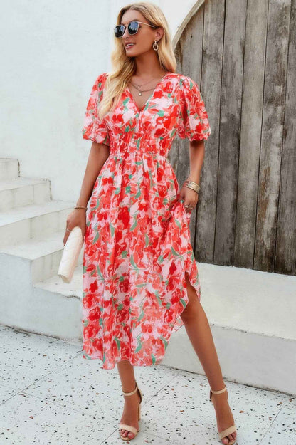Floral V Neck Puffed Sleeve High Waist Dress