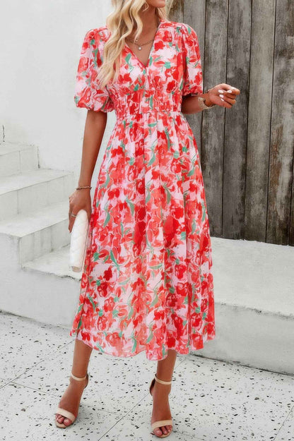 Floral V Neck Puffed Sleeve High Waist Dress