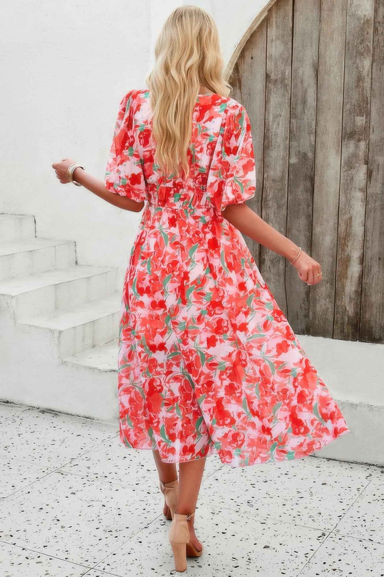 Floral V Neck Puffed Sleeve High Waist Dress