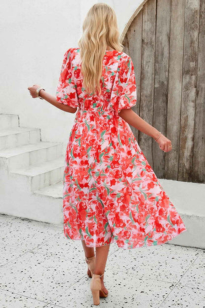 Floral V Neck Puffed Sleeve High Waist Dress