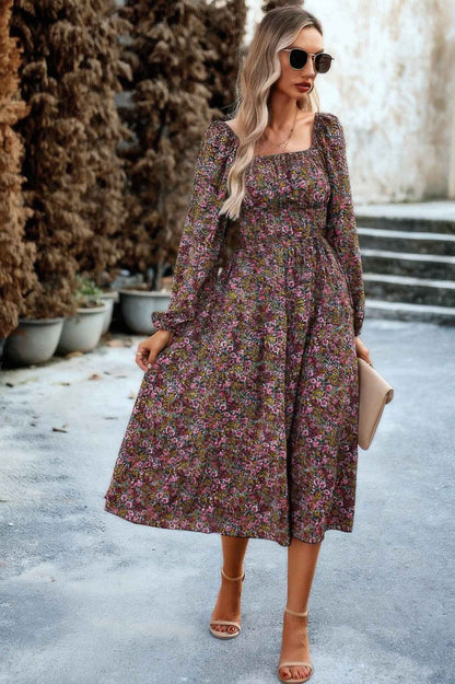Floral High Elastic Waist Square Neck Pocket Dress
