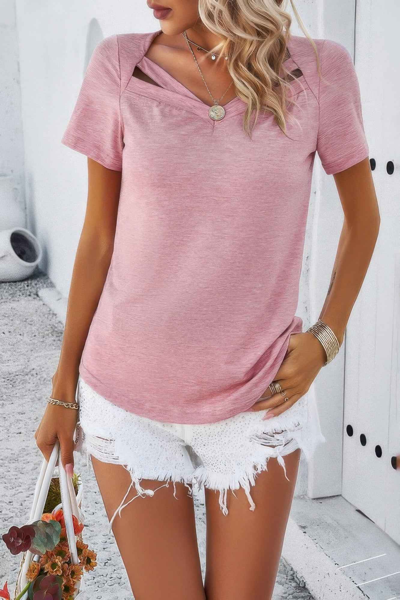 Solid V Neck Cut Out Short Sleeve Loose Shirt