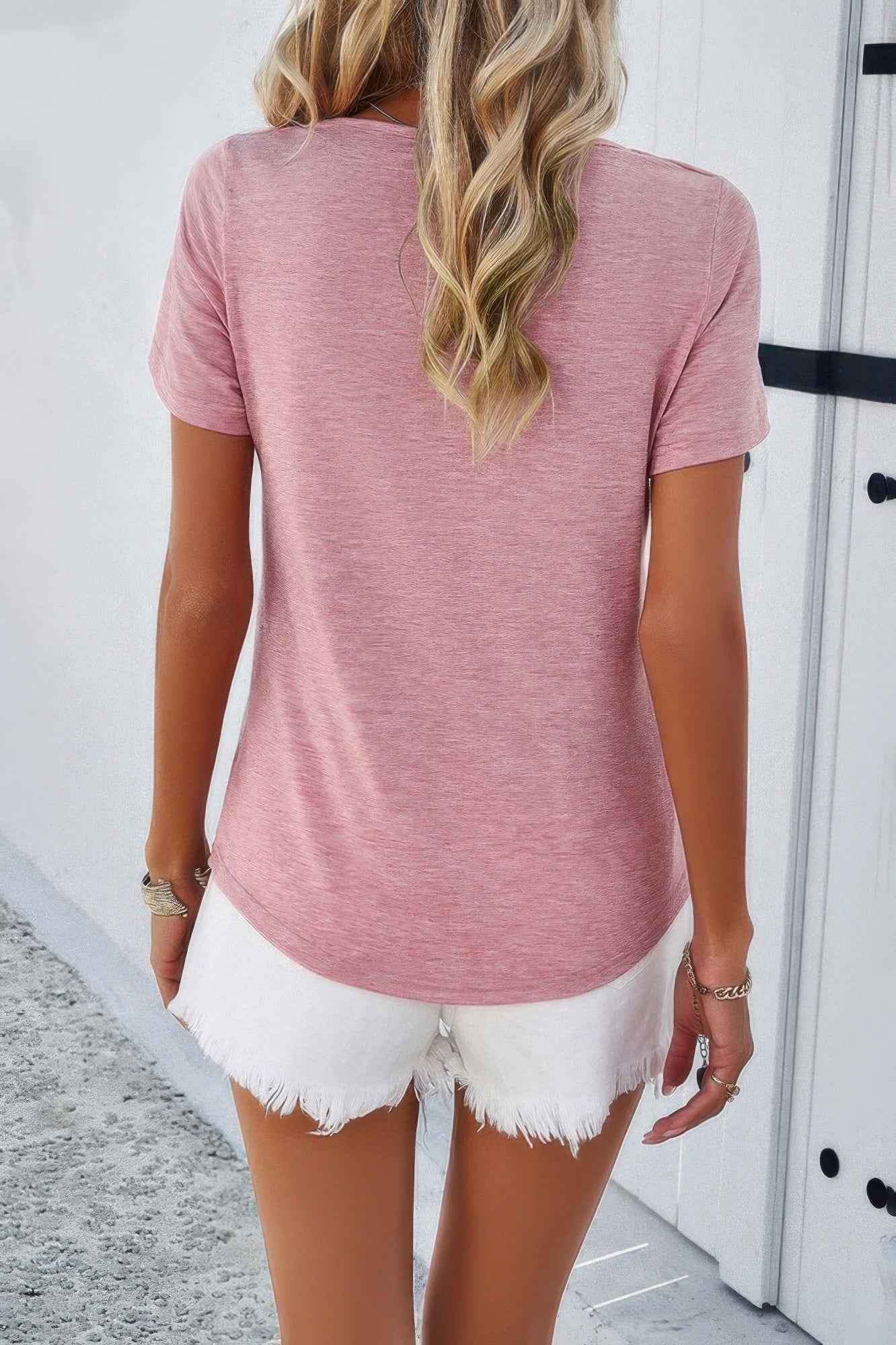 Solid V Neck Cut Out Short Sleeve Loose Shirt