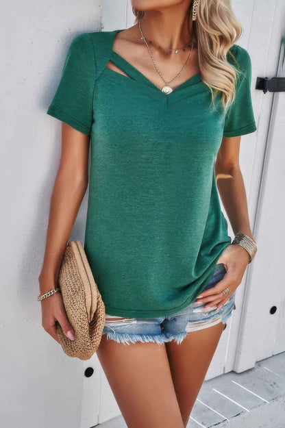 Solid V Neck Cut Out Short Sleeve Loose Shirt