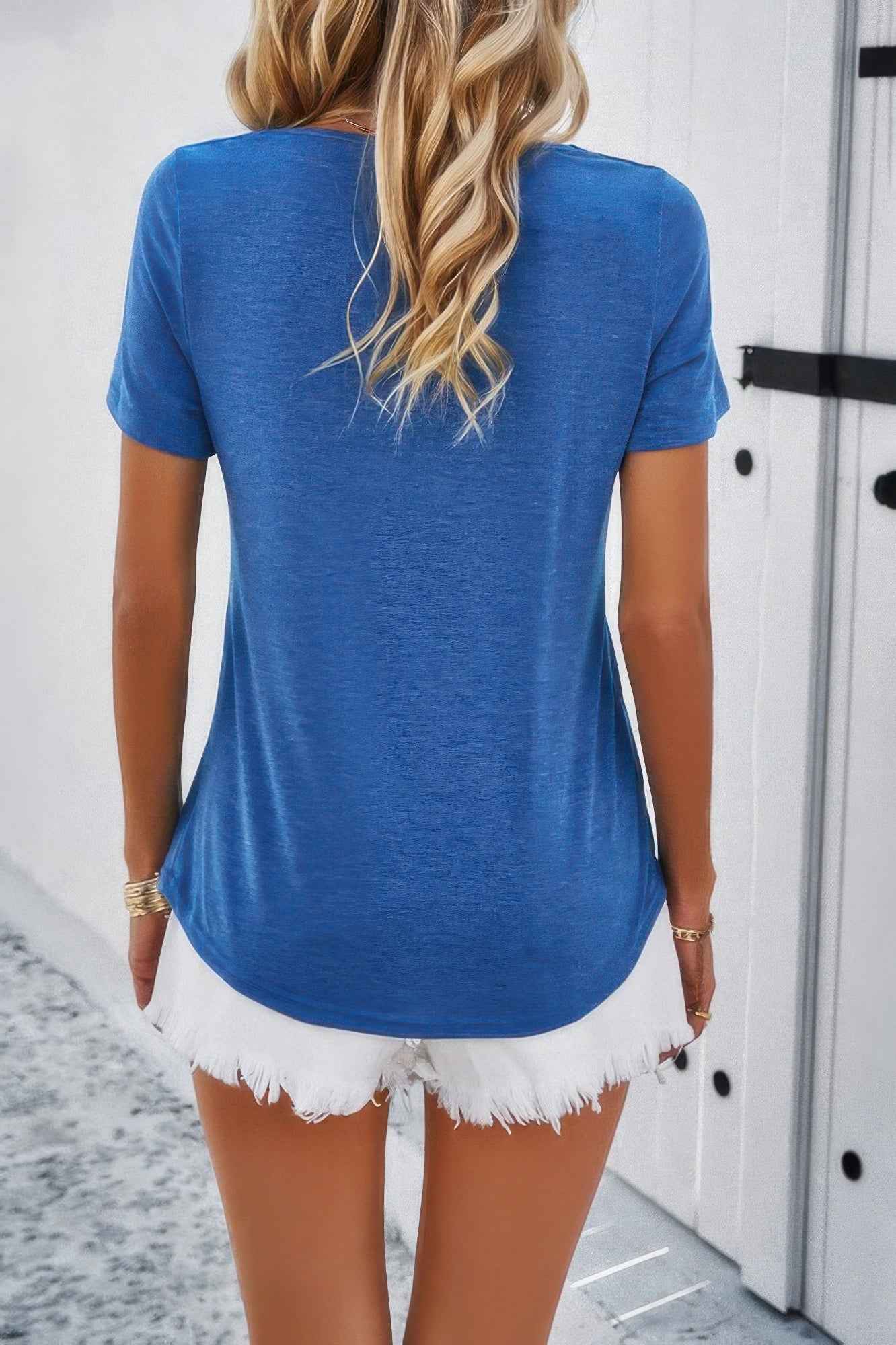 Solid V Neck Cut Out Short Sleeve Loose Shirt