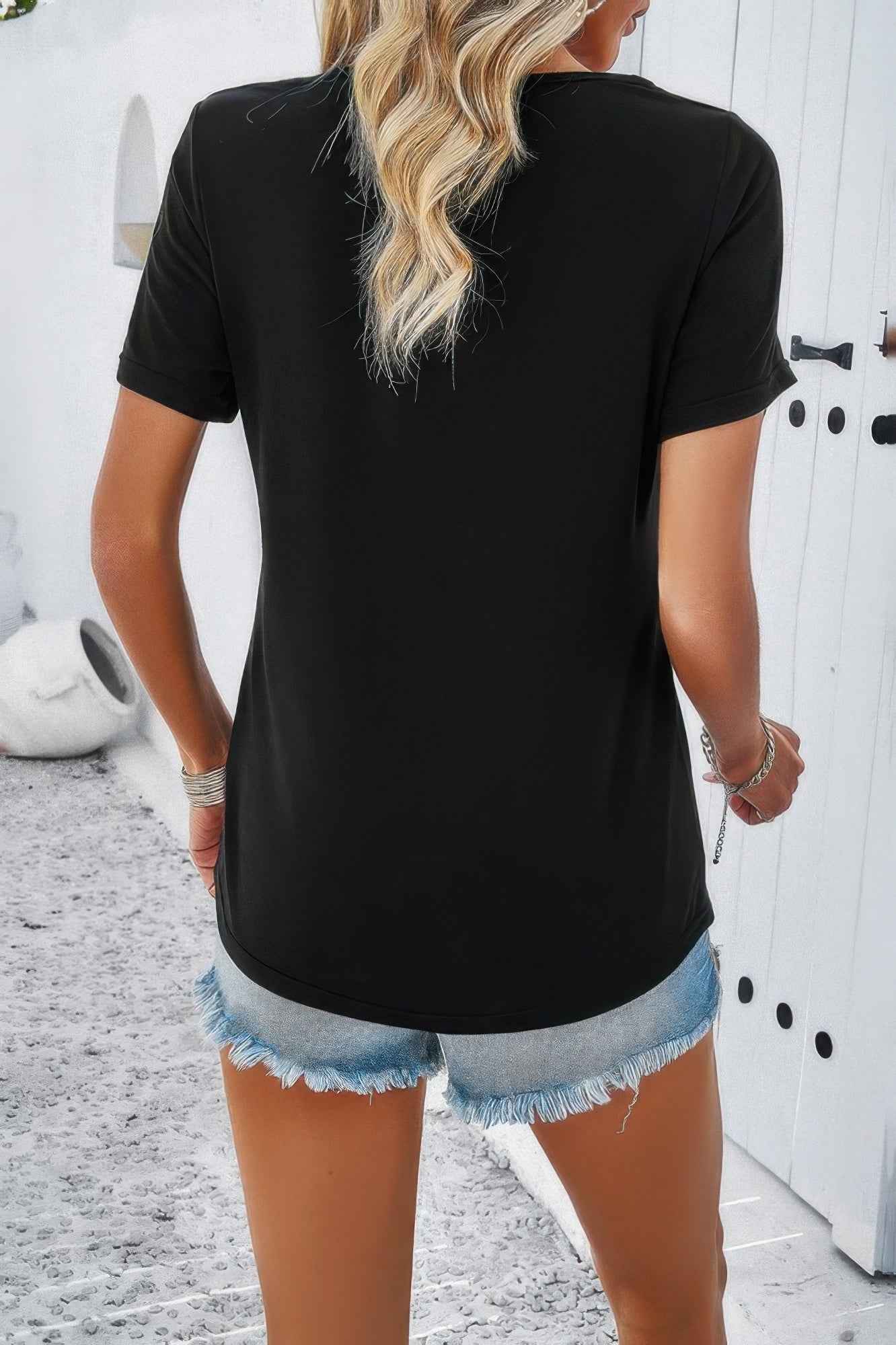 Solid V Neck Cut Out Short Sleeve Loose Shirt