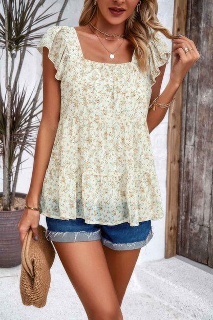 Floral Print Square Neck Ruffle Sleeve Tiered Blouse