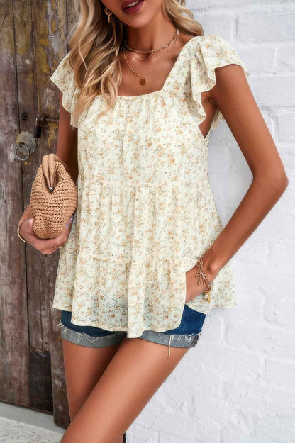 Floral Print Square Neck Ruffle Sleeve Tiered Blouse