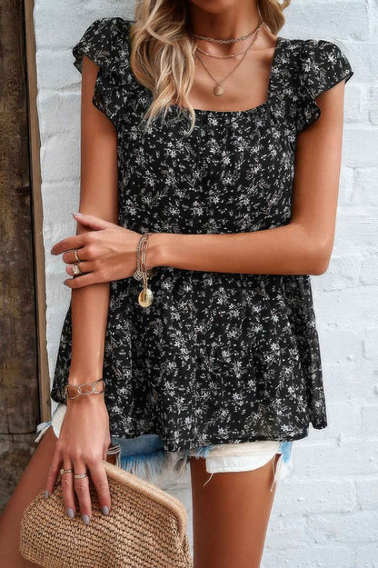Floral Print Square Neck Ruffle Sleeve Tiered Blouse