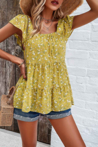 Floral Print Square Neck Ruffle Sleeve Tiered Blouse