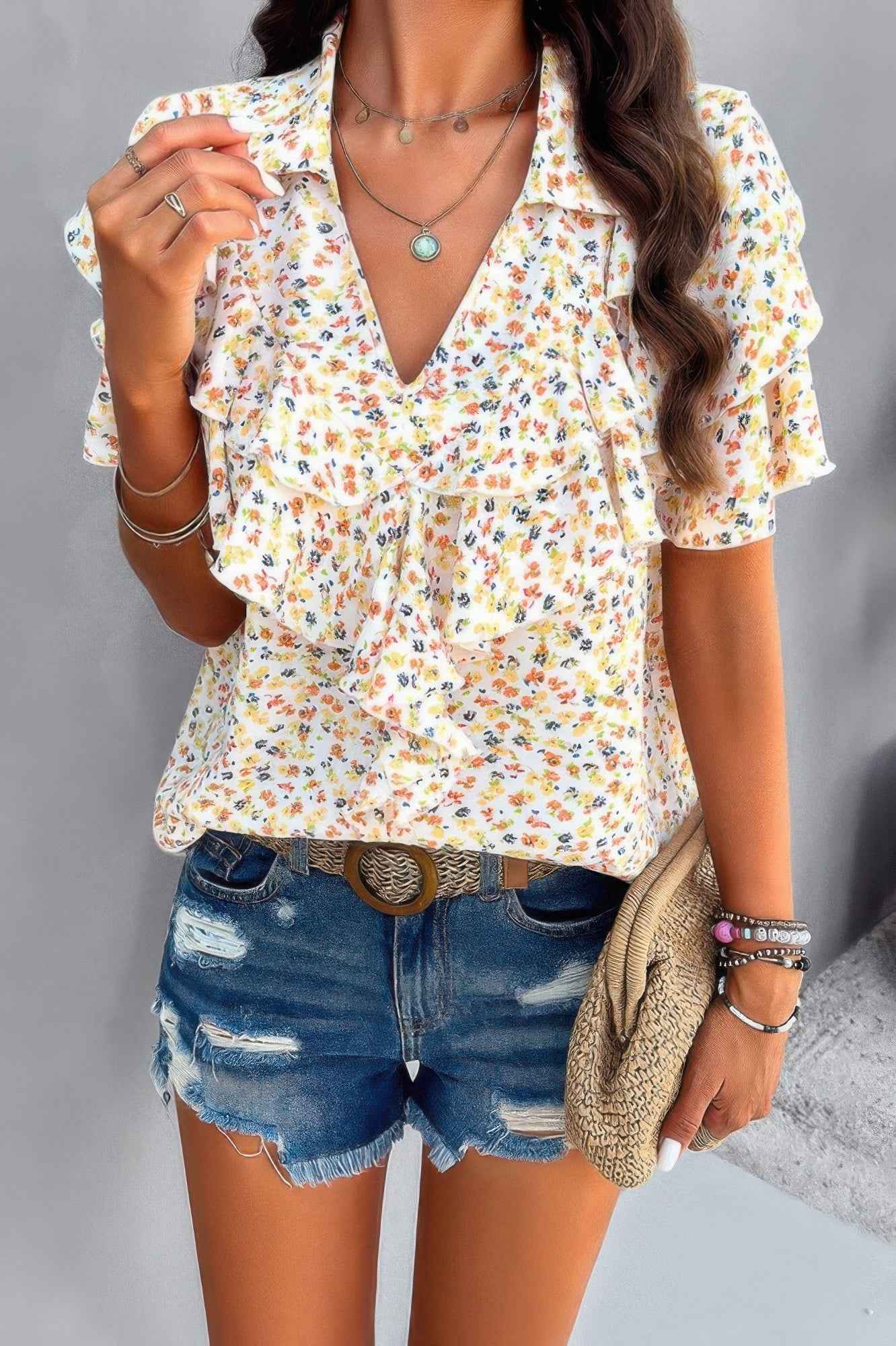 Floral Printed Ruffle Sleeve V Neck Loose Blouse
