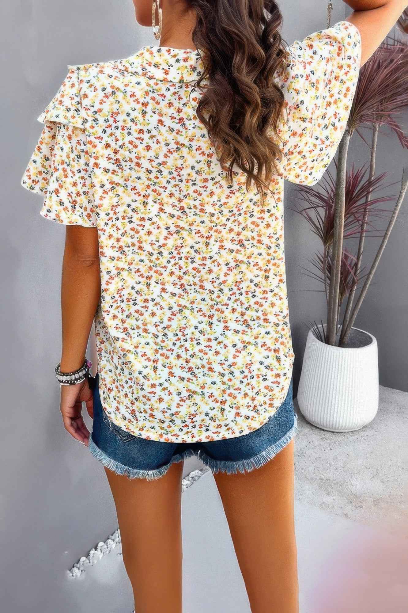 Floral Printed Ruffle Sleeve V Neck Loose Blouse