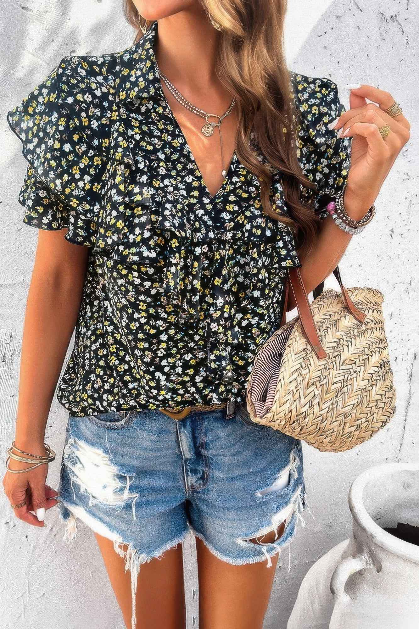 Floral Printed Ruffle Sleeve V Neck Loose Blouse