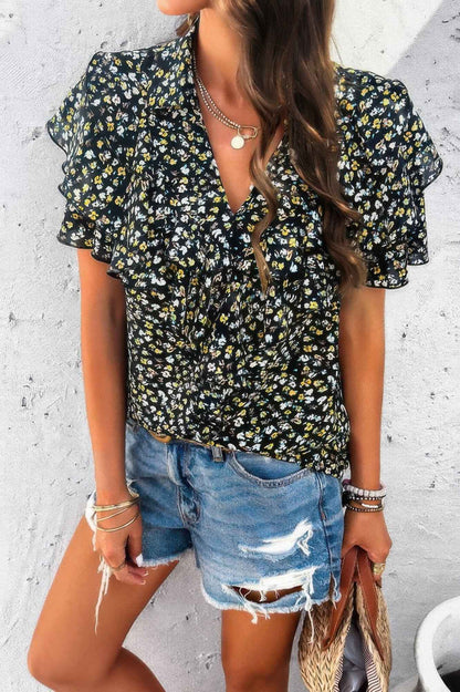 Floral Printed Ruffle Sleeve V Neck Loose Blouse