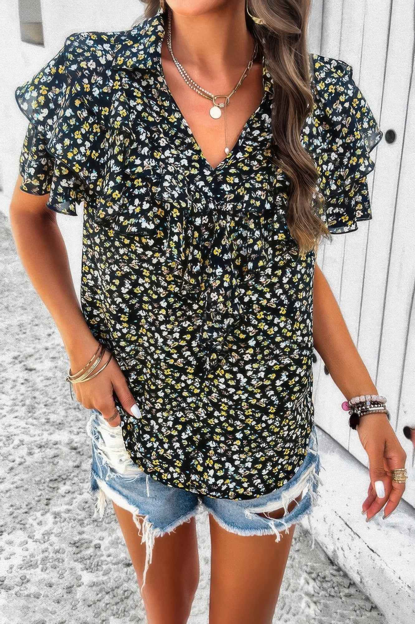 Floral Printed Ruffle Sleeve V Neck Loose Blouse