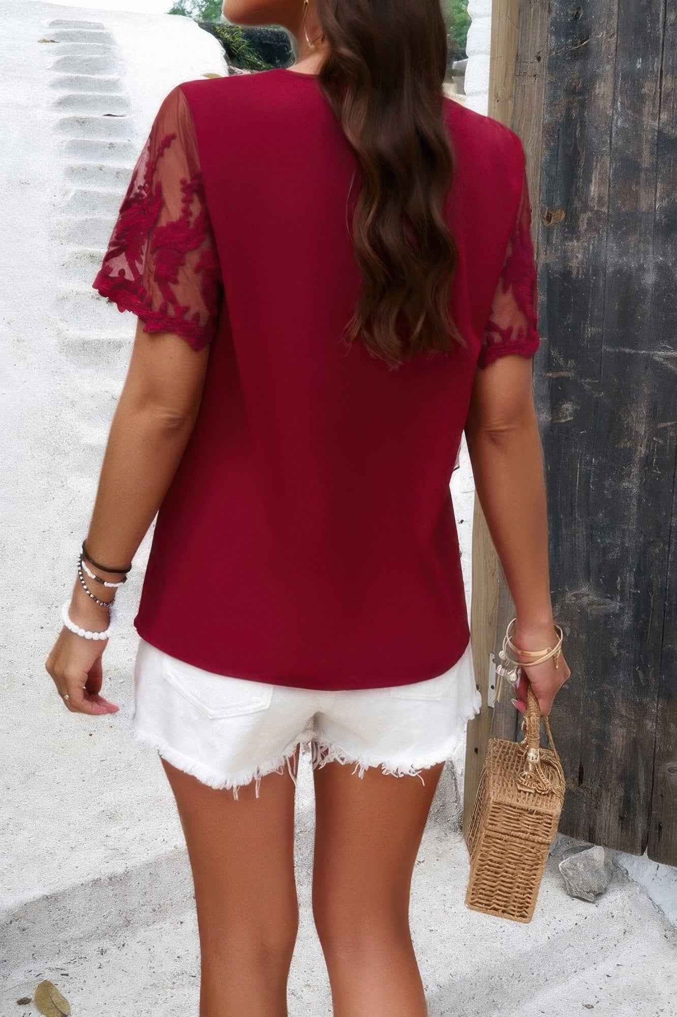 Solid Lace Floral V Neck Short Sleeve Shirt