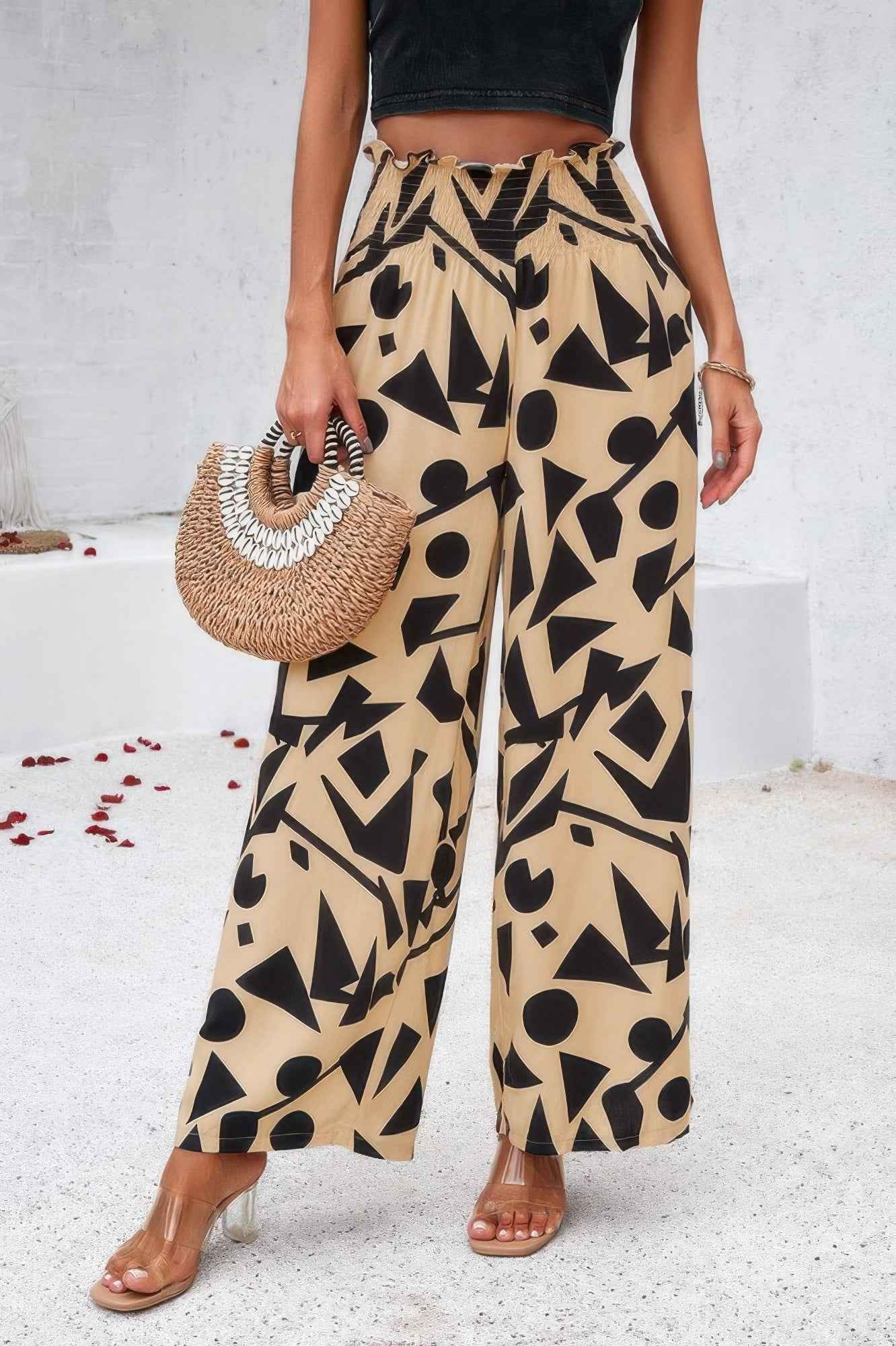 Allover Print Folded Frill Wide Leg High Waist Pant