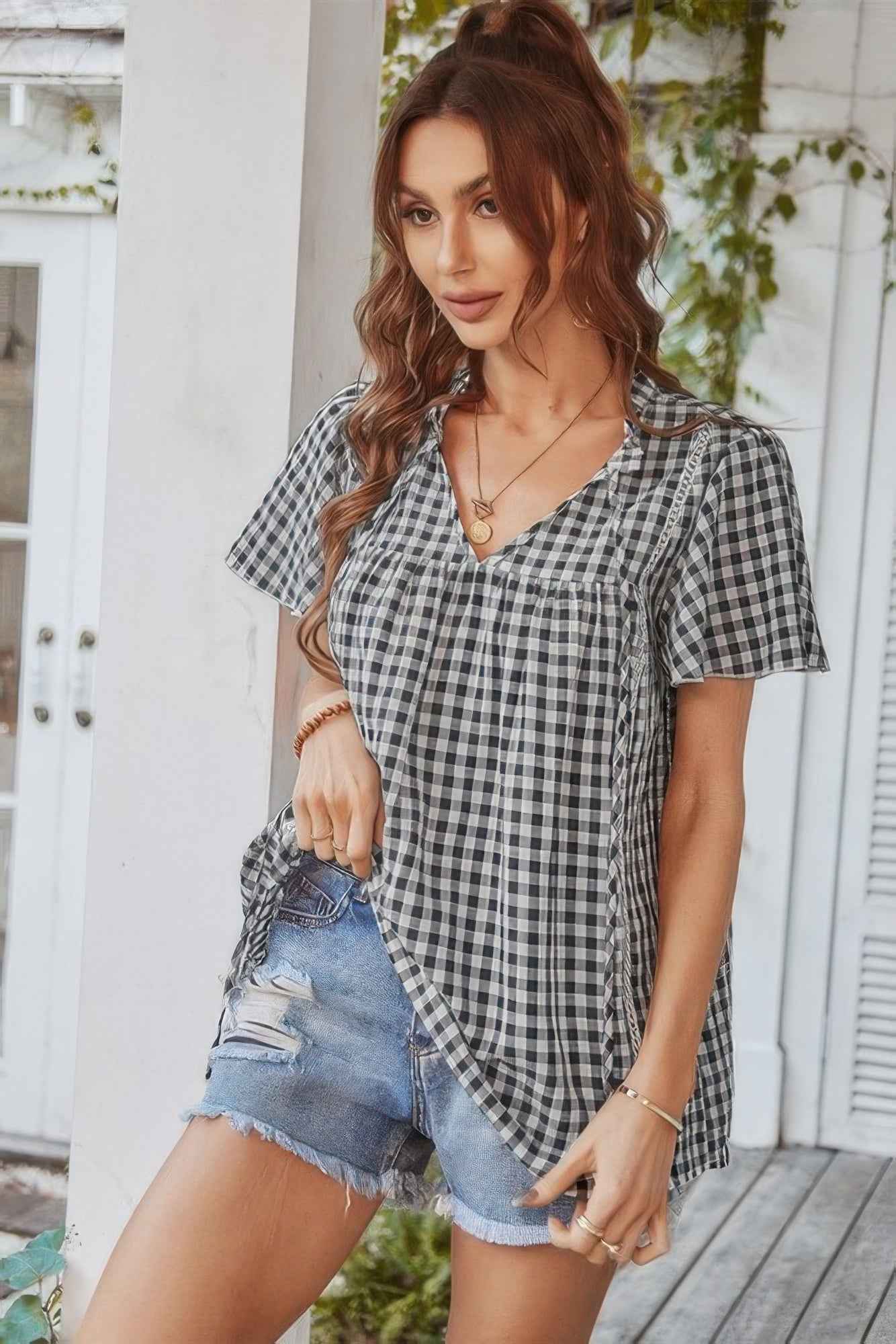 Gingham V Neck Plaid Loose Drawstring Blouse