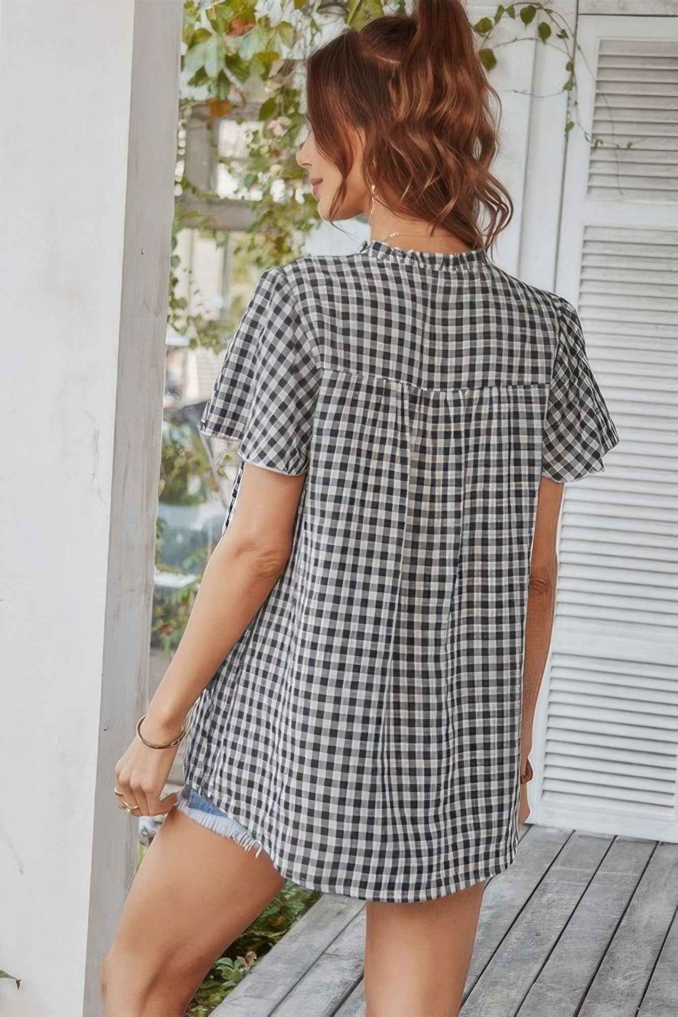 Gingham V Neck Plaid Loose Drawstring Blouse