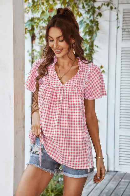 Gingham V Neck Plaid Loose Drawstring Blouse
