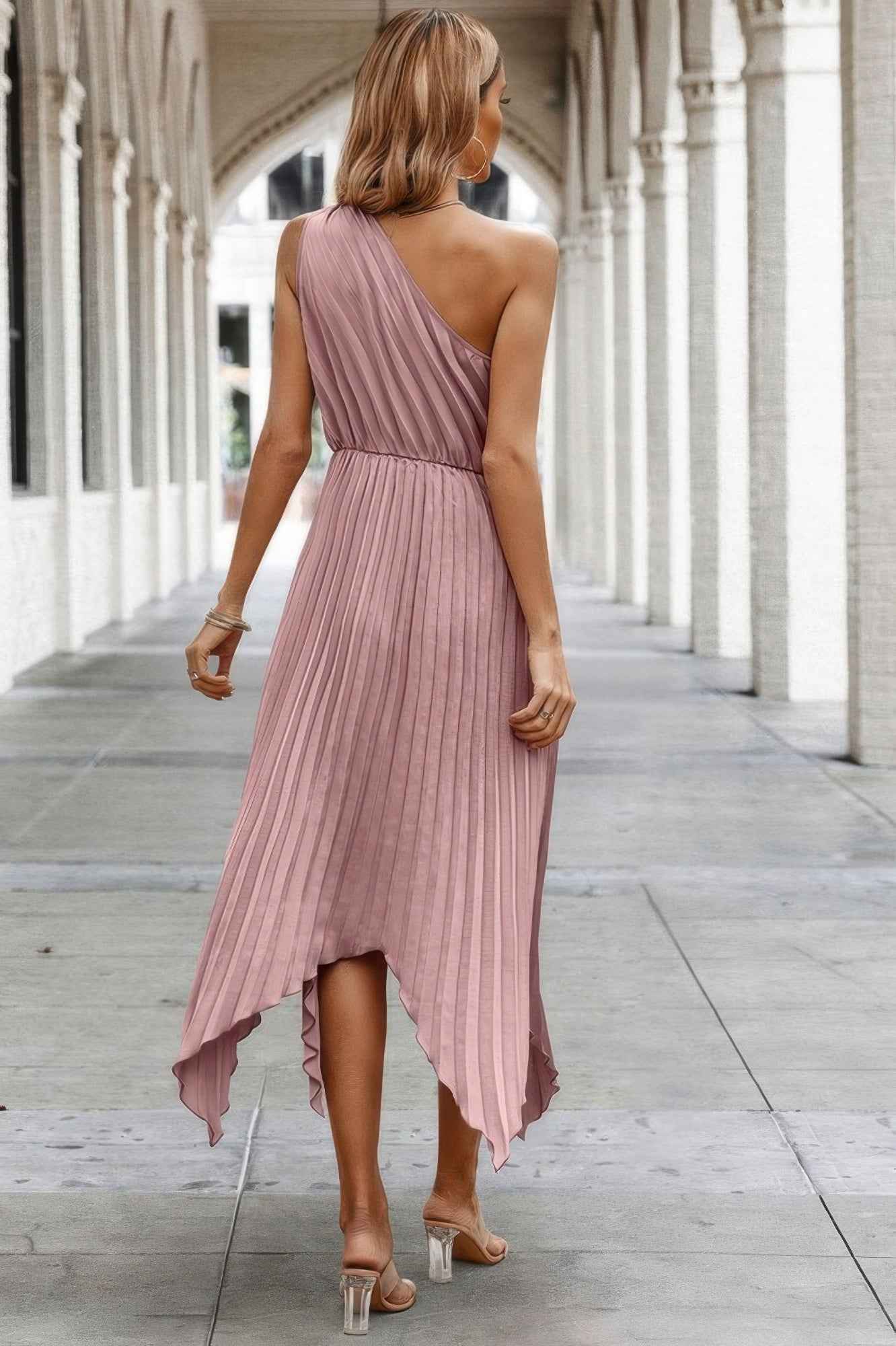 Twist Front Pleated One Shoulder Long Dress