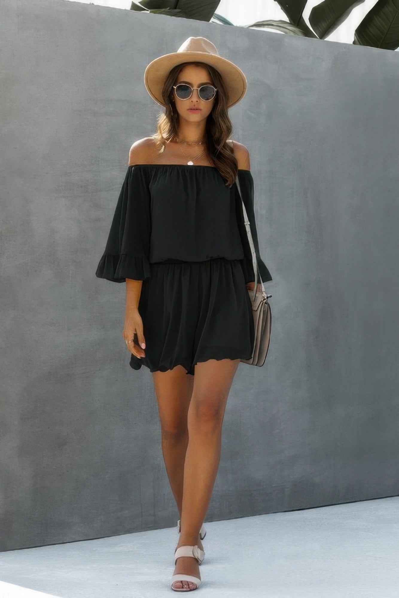 Chiffon Off Shoulder Flare Sleeves Loose Fit Romper