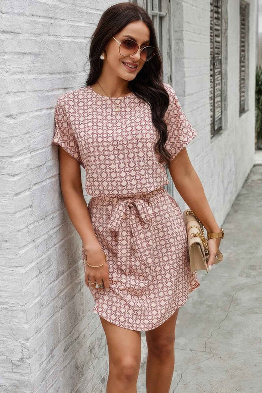 Elegant Crew Neck Batwing Sleeve Printed Dress