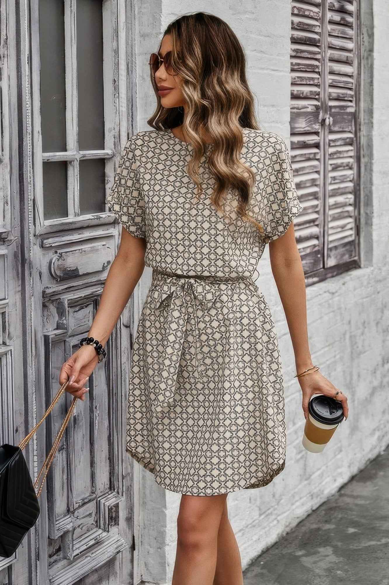 Elegant Crew Neck Batwing Sleeve Printed Dress