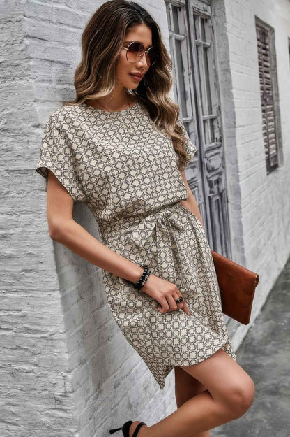 Elegant Crew Neck Batwing Sleeve Printed Dress