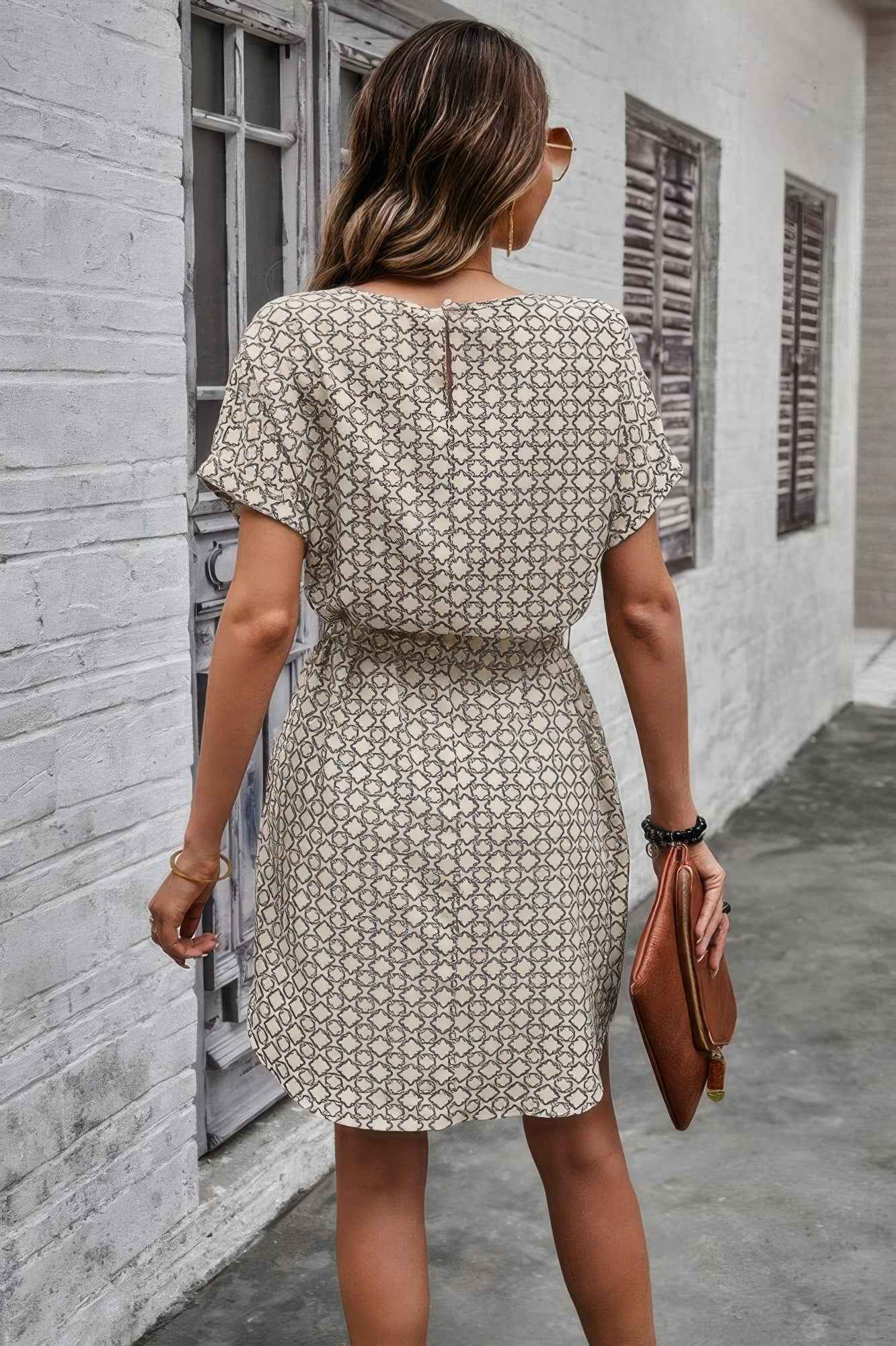 Elegant Crew Neck Batwing Sleeve Printed Dress