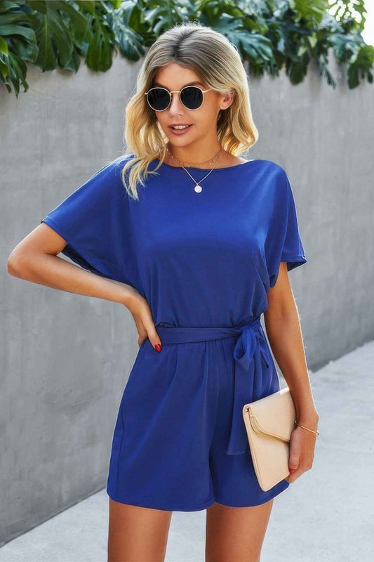 Boat Neck Short Sleeve Waist Tie Loose Romper