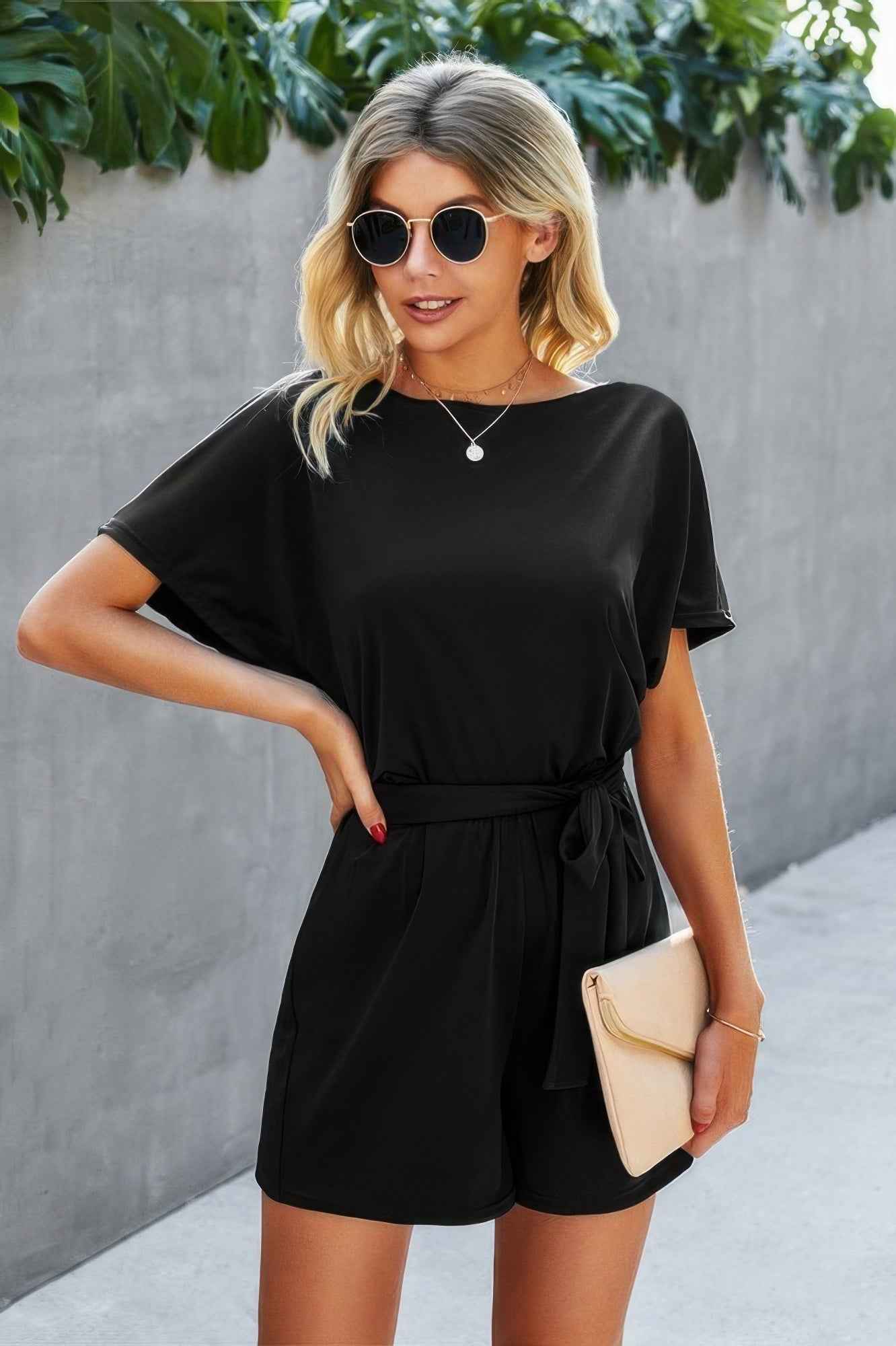 Boat Neck Short Sleeve Waist Tie Loose Romper