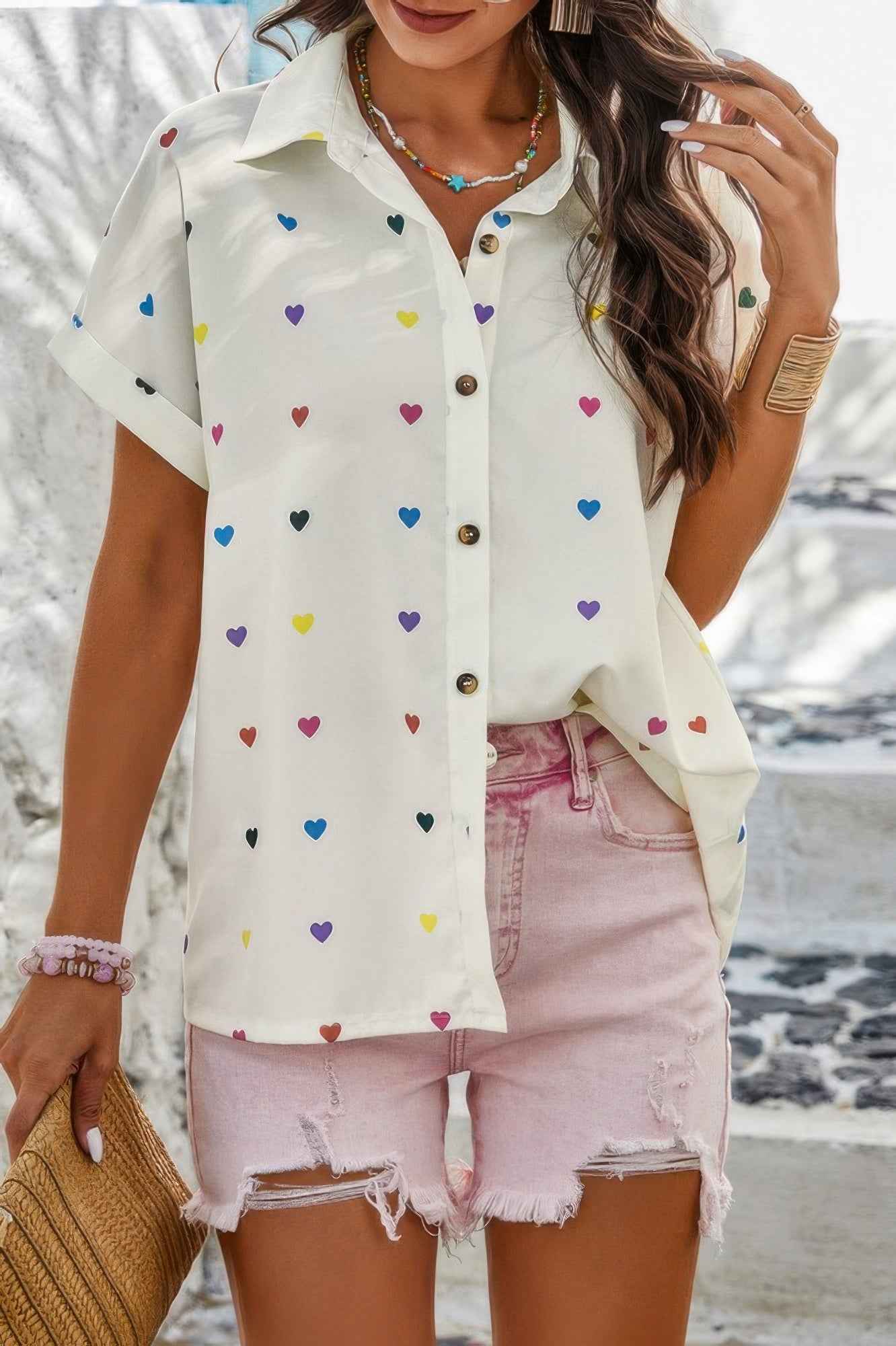 Heart Print Button Down Short Sleeve Loose Shirt
