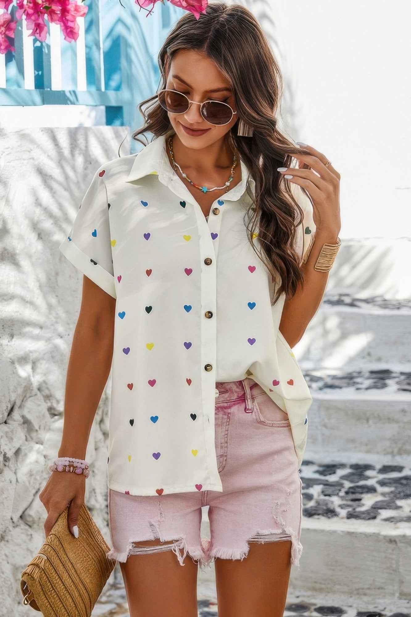 Heart Print Button Down Short Sleeve Loose Shirt