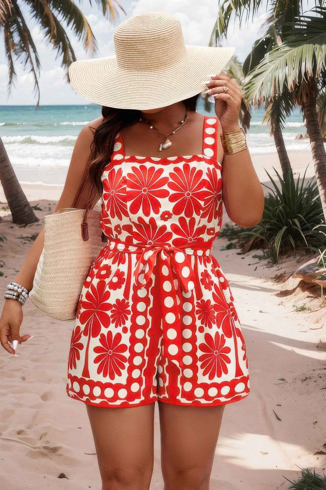 Plus Size Random Printed Belt Sleeveless Romper