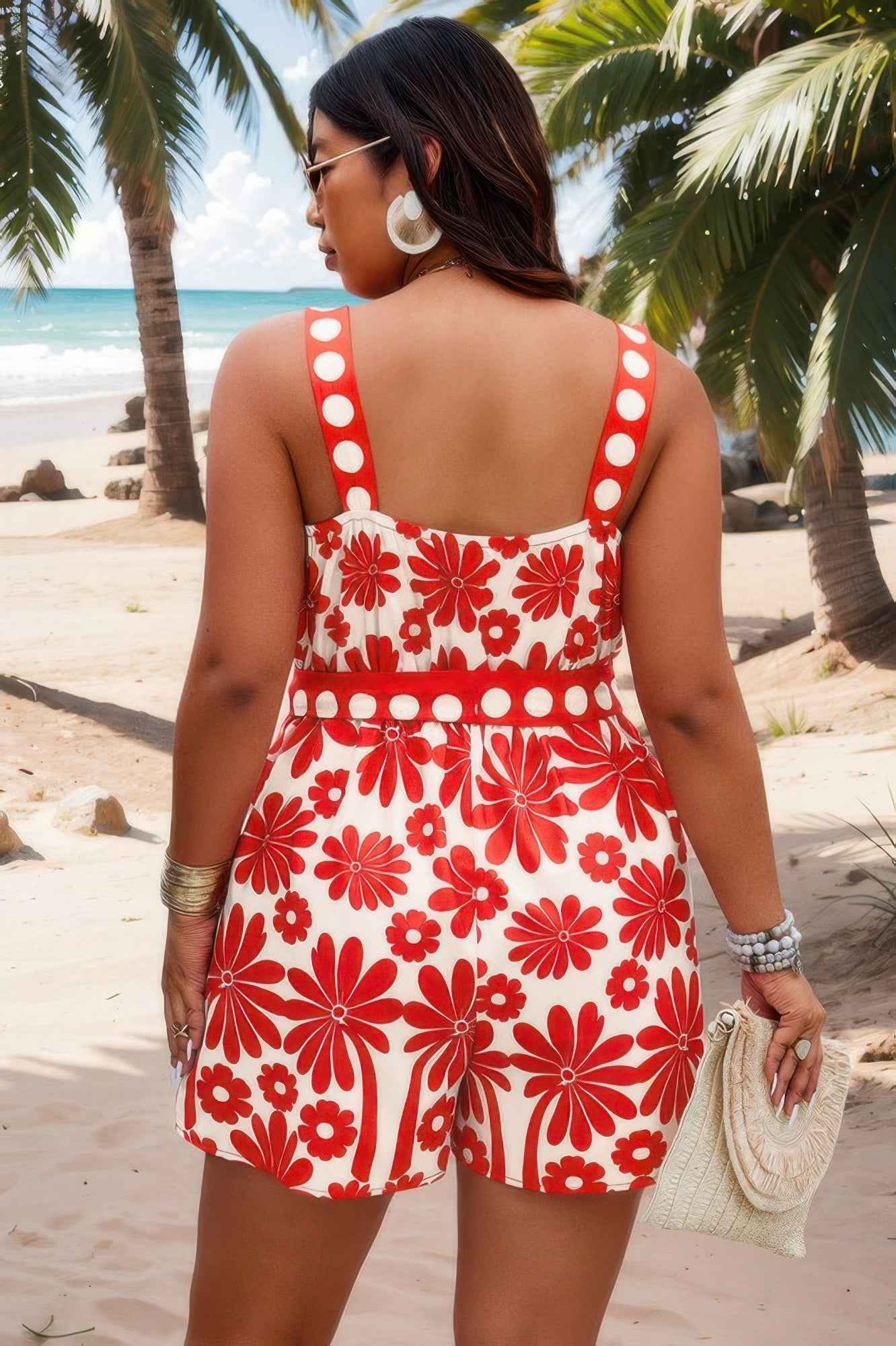 Plus Size Random Printed Belt Sleeveless Romper