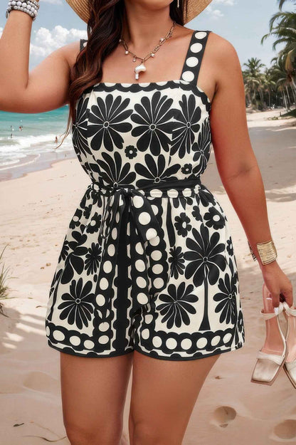 Plus Size Random Printed Belt Sleeveless Romper
