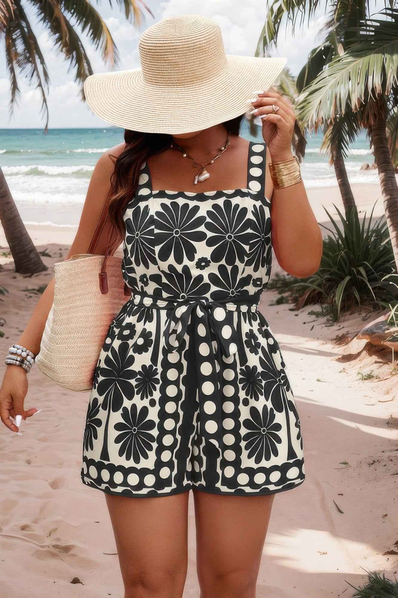 Plus Size Random Printed Belt Sleeveless Romper