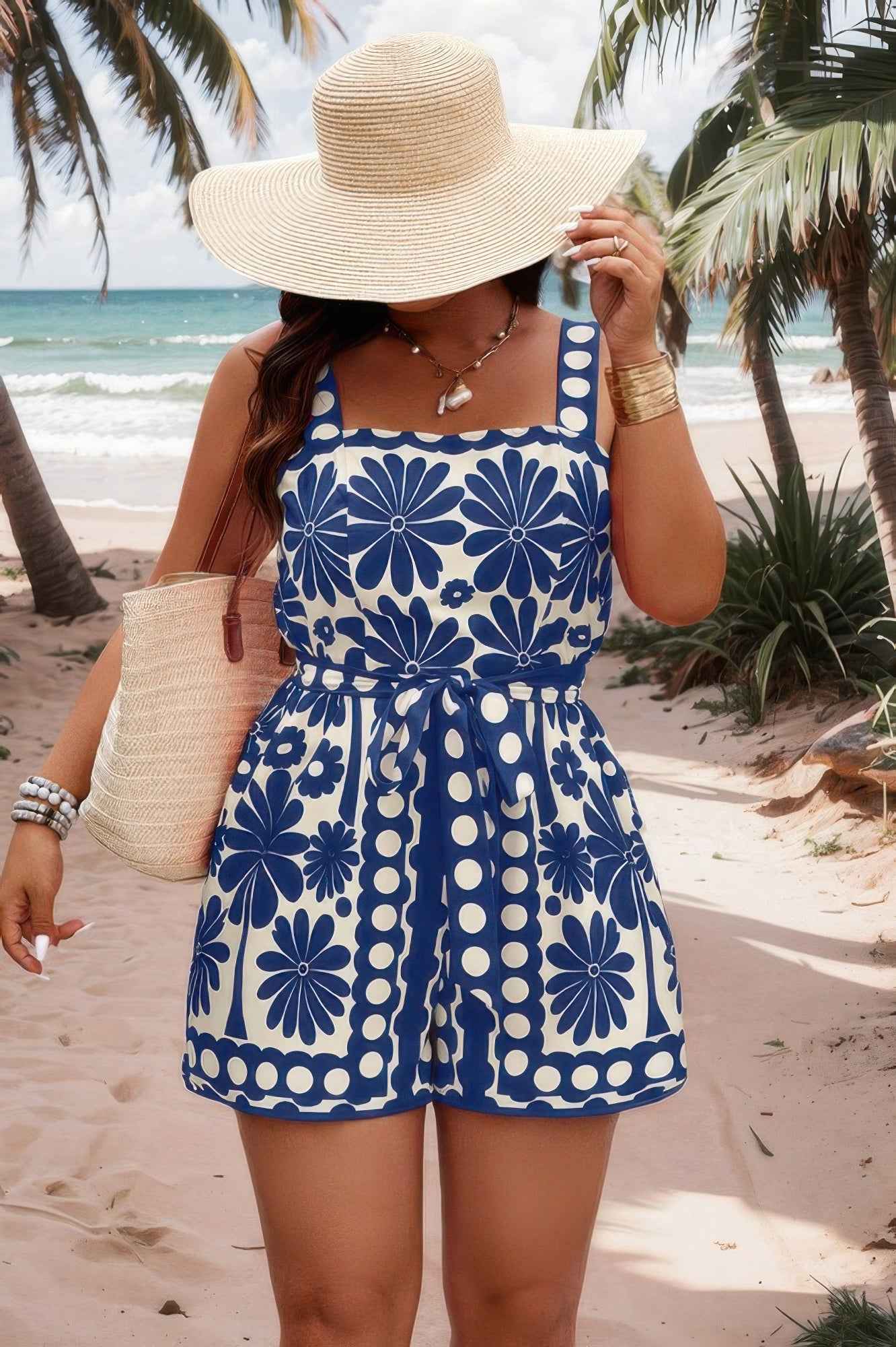Plus Size Random Printed Belt Sleeveless Romper