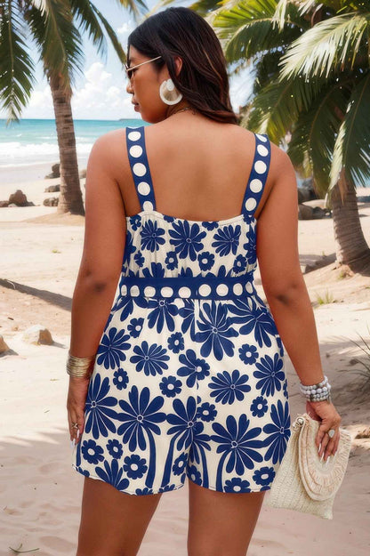 Plus Size Random Printed Belt Sleeveless Romper
