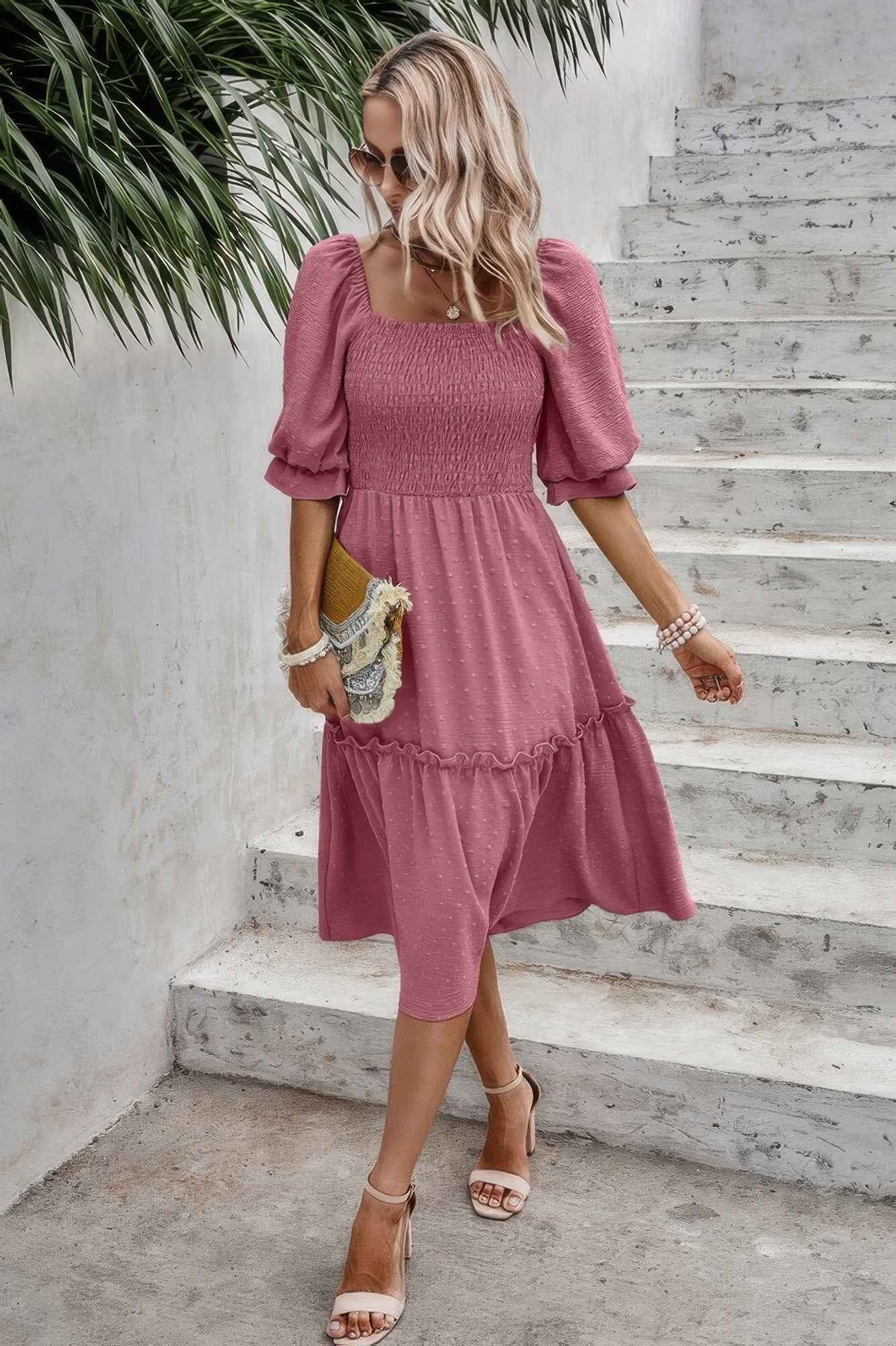 Square Neck Puff Sleeve Ruffle Hem Dress