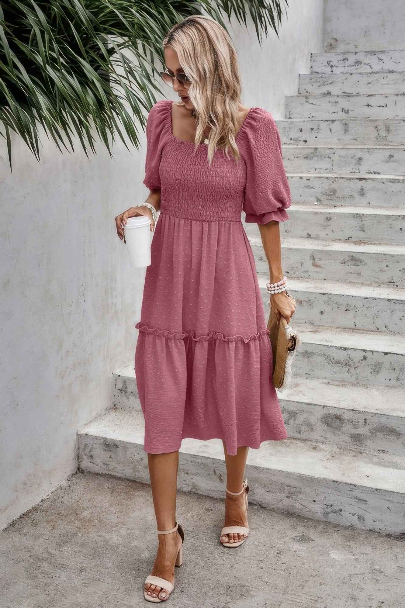 Square Neck Puff Sleeve Ruffle Hem Dress