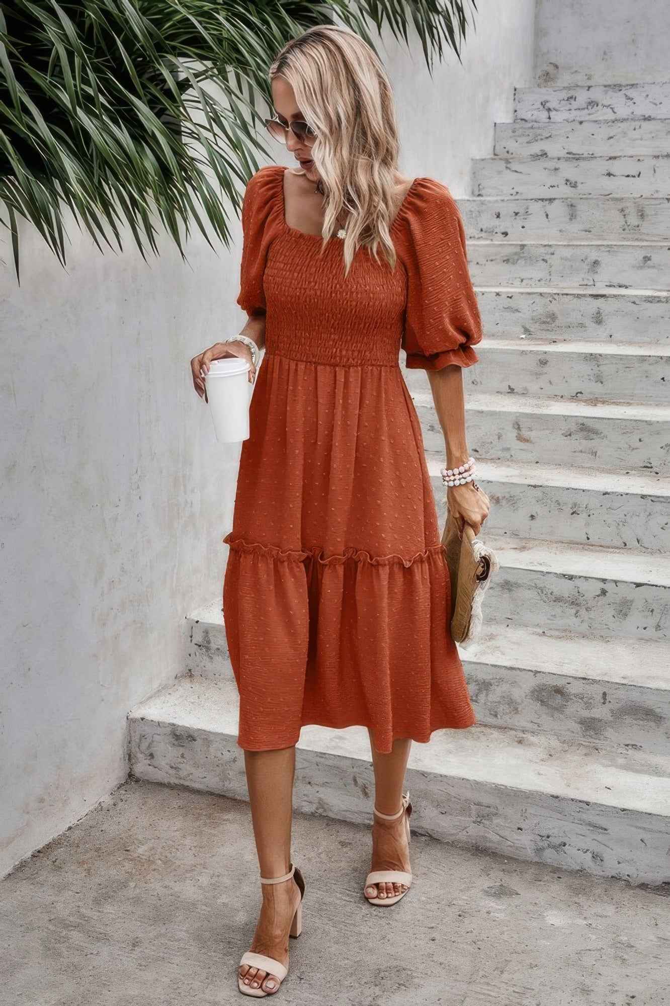 Square Neck Puff Sleeve Ruffle Hem Dress