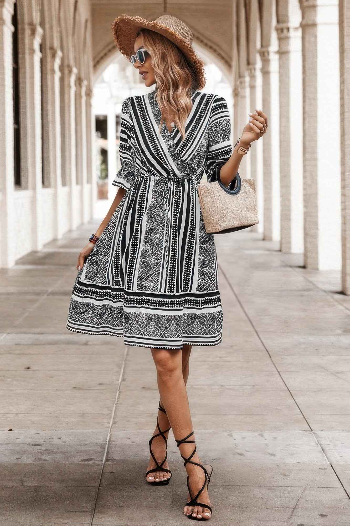 Allover Print Surplice Neck Ruffle Hem Fit Dress