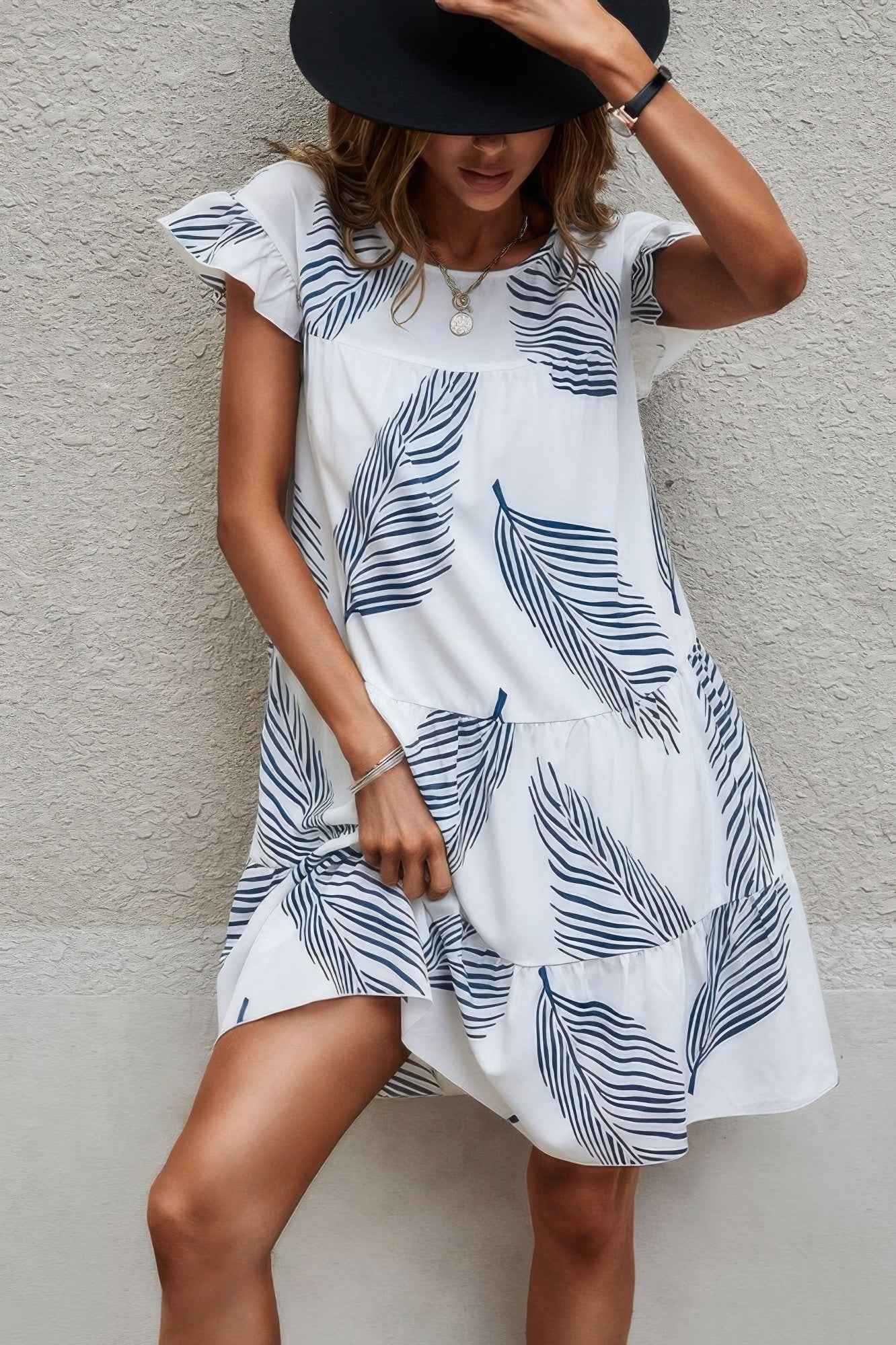 Leaf Print Ruffle Sleeves A Line Midi Dress