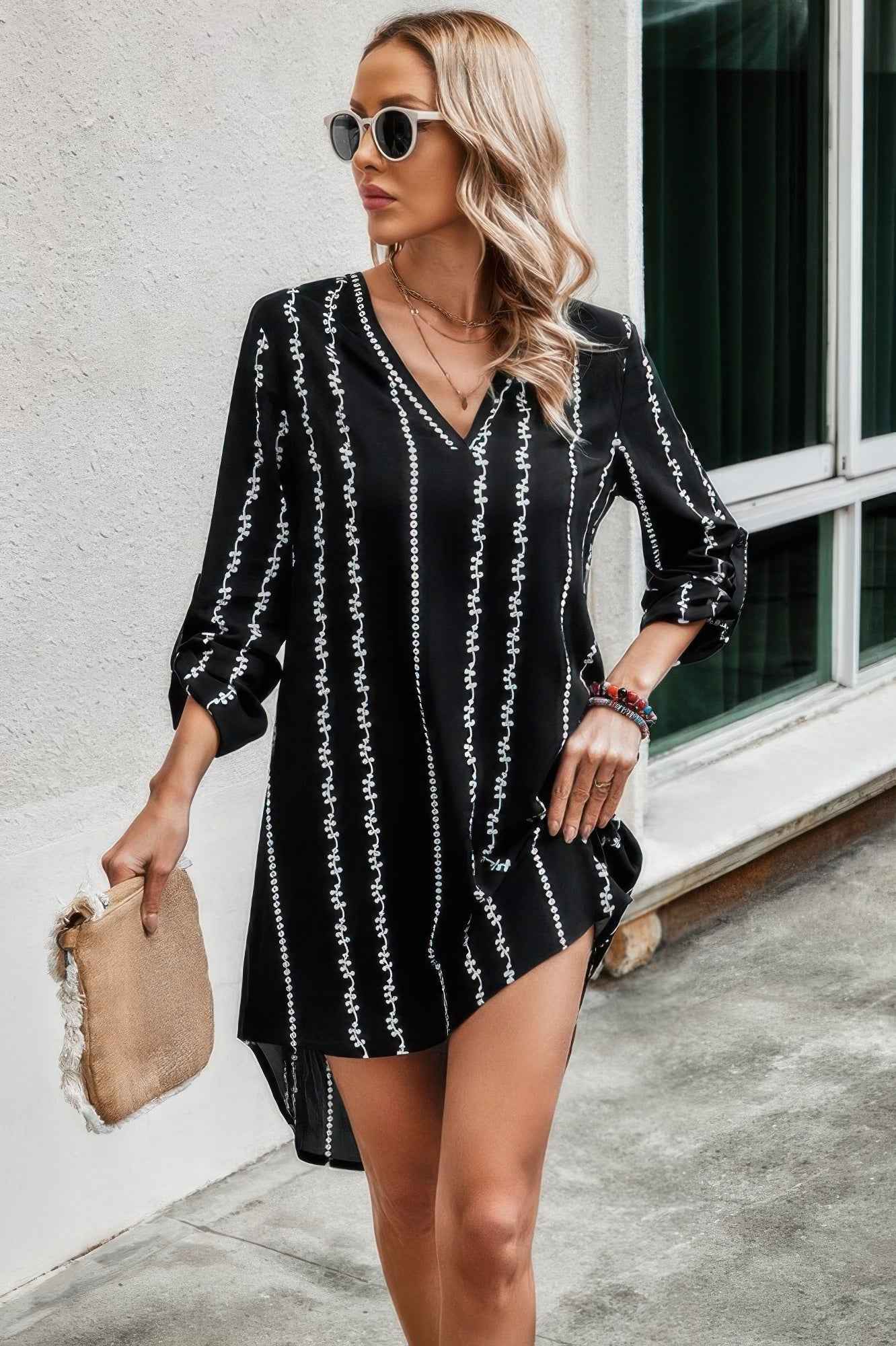 Striped Print Roll Tab Sleeve Tunic Loose Dress