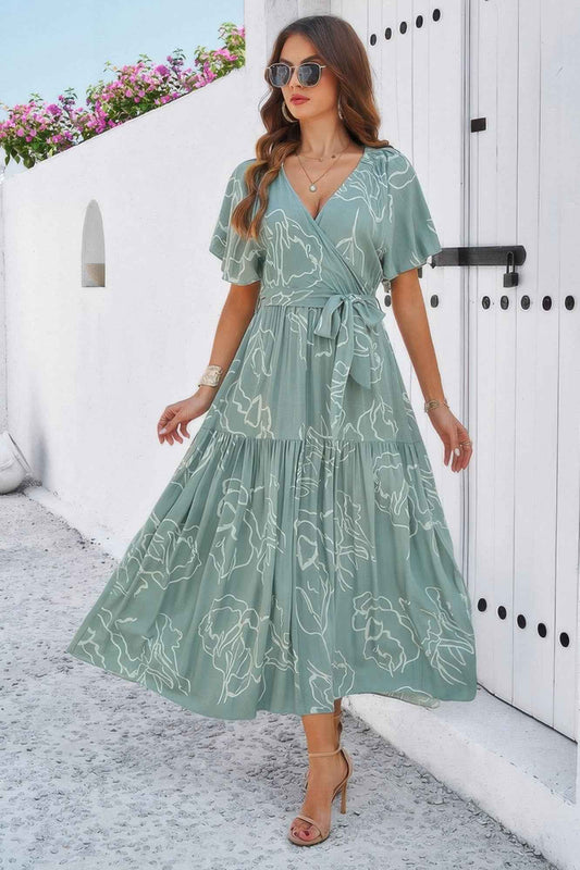 Allover Print V Neck Fit Belt A Line Long Dress