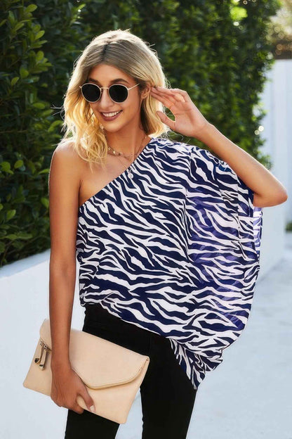 One Shoulder Zebra Print Loose Top