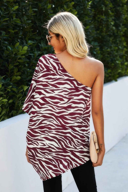 One Shoulder Zebra Print Loose Top