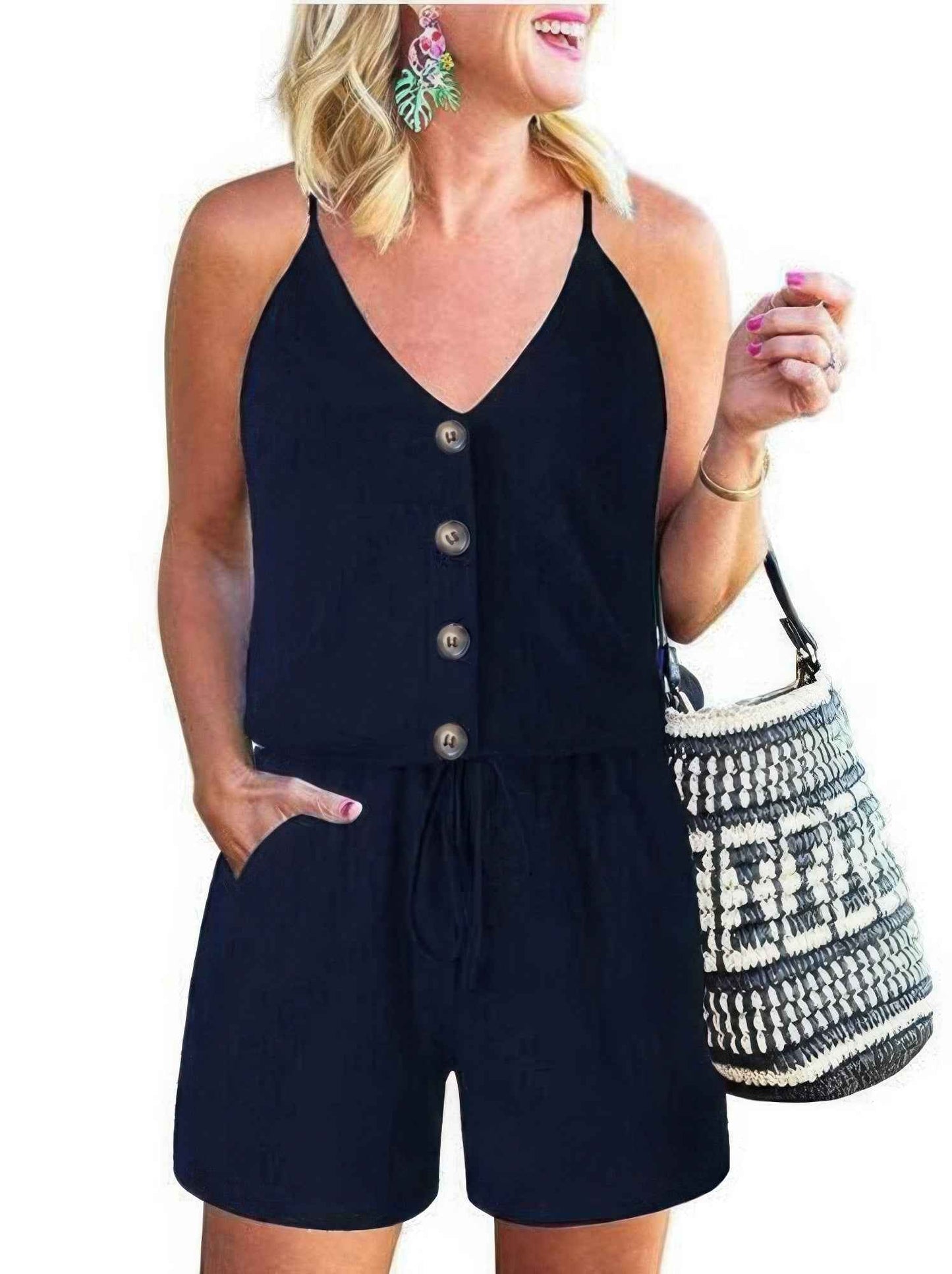 Button Sleeveless Spaghetti Strap Cami Romper